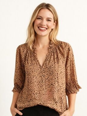 Anthropologie Current Air Dot Print Tie Neck Pleated Blouse Tan Black Size M